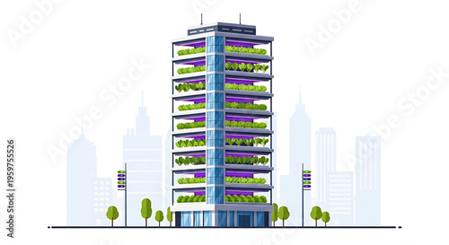 A modern skyscraper with green rooftop gardens and a sleek glass facade stands tall in a cityscape
