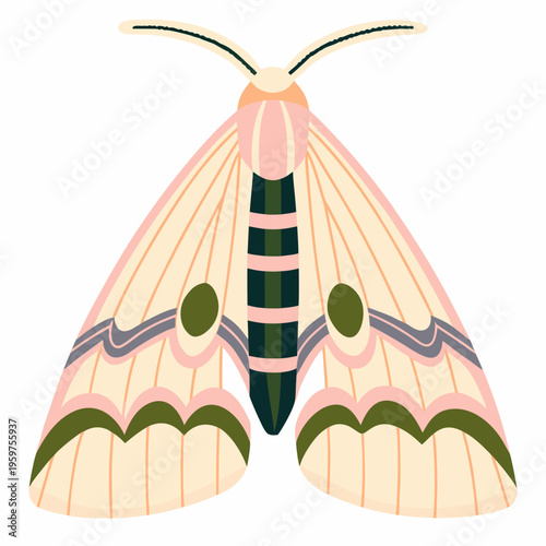 A charming stylized illustration of a pale pink and black moth