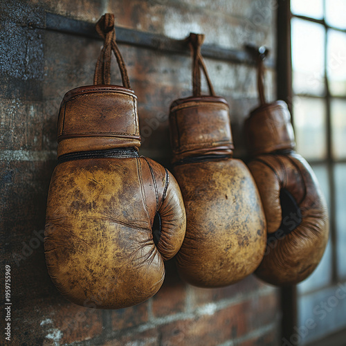 Old boxing gloves hanging on brick wall.