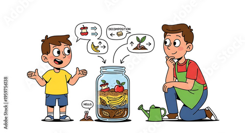 A cartoon illustration of two boys learning about decomposition in a jar with fruit and soil.