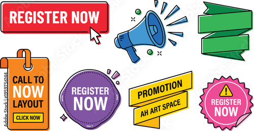 Set of promotional call to action elements including register now badges megaphone banners and labels for marketing advertising vector illustration
