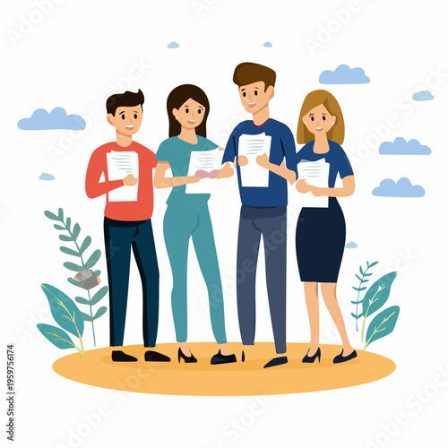 Four people holding papers together.