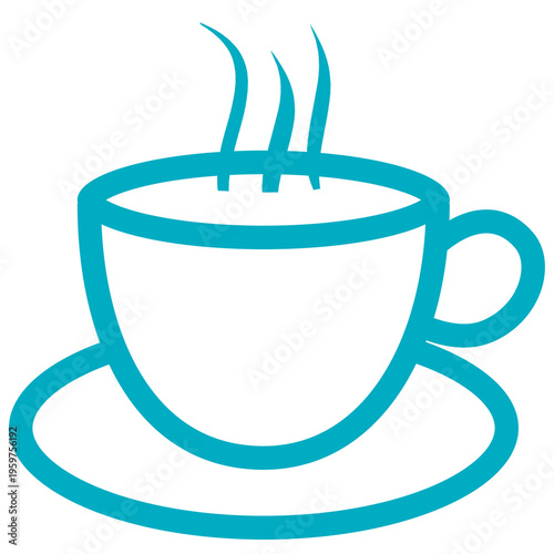 Cyan, Aqua Coffee cup icon with steam and saucer isolated on transparent background, minimalist hot beverage symbol PNG