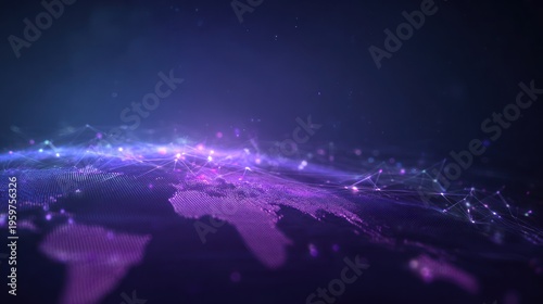 Digital rendering of a world map with glowing dots and connecting lines against a cosmic backdrop