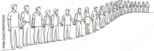 People standing in a long line holding hands in a united formation
