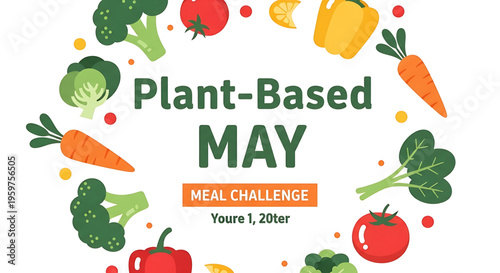 A vibrant illustration promoting a plant-based meal challenge in May with colorful vegetables.