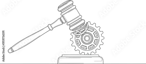 Gavel resting on a gear with a sound block underneath it