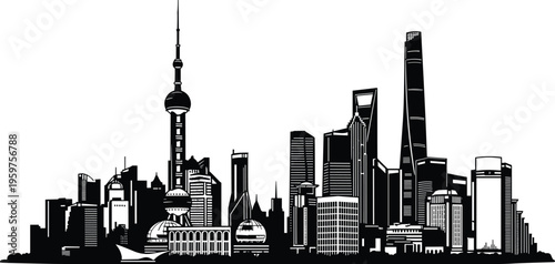 shanghai skyline silhouette with modern skyscrapers and oriental pearl tower, urban cityscape architecture illustration, cad drawing flat vector illustration
