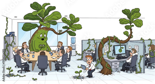 A cartoon illustration of a group of businesspeople working in an office invaded by a large green tree and vines