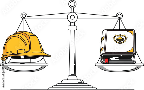 Hard hat and law book on balanced scales for equal justice