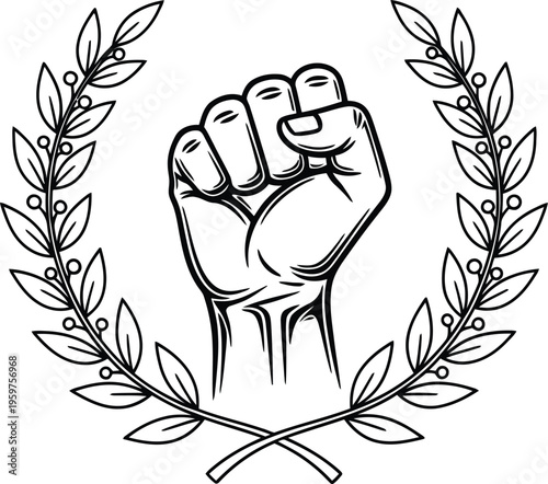 Fist surrounded by laurel leaves in a powerful symbol