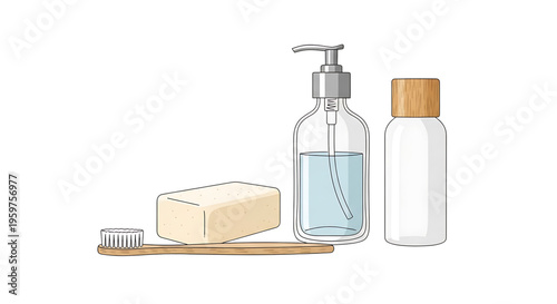 A set of bathroom essentials including a toothbrush, soap, and lotion bottles in a flat vector illustration