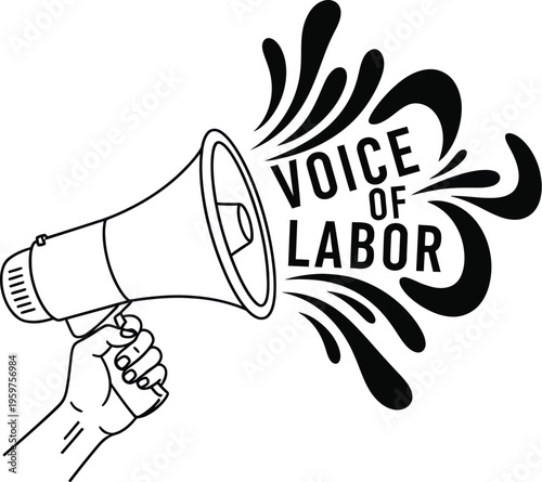 Labor union activist holding megaphone with voice slogan