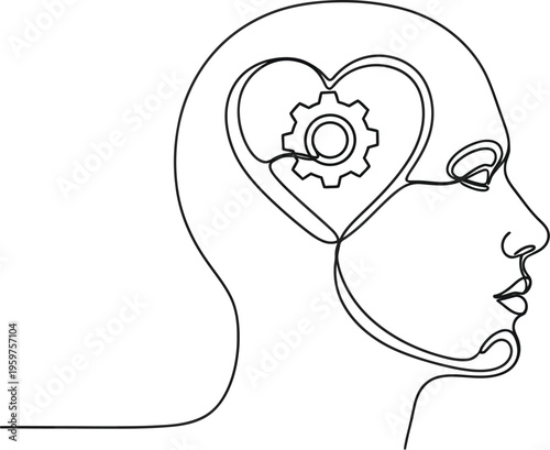 Continuous line drawing of a woman's head with heart and gear in brain