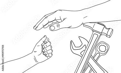 Hand pointing to fist with tools like hammer and wrench nearby