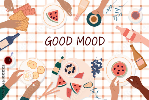 A colorful flat lay depicting a picnic with food drinks and hands