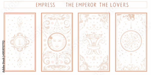 Four tarot cards displayed vertically the empress emperor and the lovers