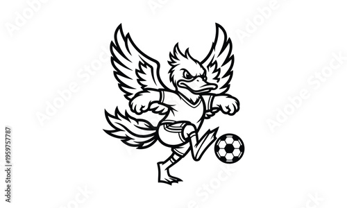 Bird soccer player mascot aggressive cartoon animal wings playing ball