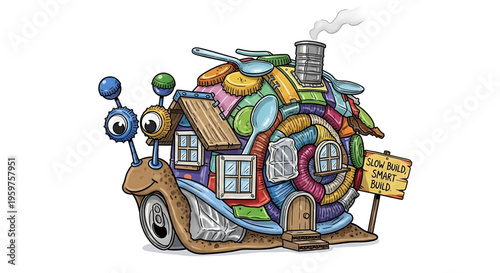 A colorful, whimsical vector illustration of a snail-shaped house on wheels with a sign that reads 'Slow Build Smart Build'.