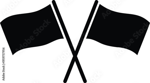 Two crossed black flags vector icon, waving fabric pennants on poles illustration