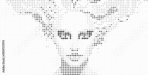 Black and White Halftone Portrait Cat Face Plus Symbols, Monochrome Cat Face Halftone Portrait Plus Symbol Style