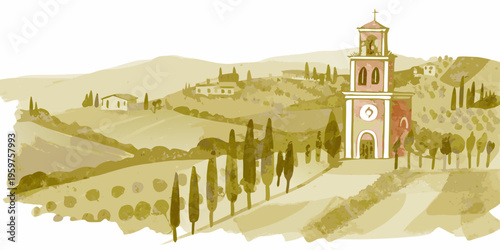 Watercolor illustration of a tuscan countryside scene with a church tower