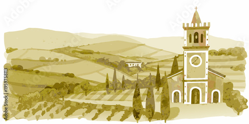 A picturesque tuscan landscape featuring a prominent stone bell tower