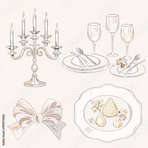 Elegant table setting with candelabra glassware and decorative elements