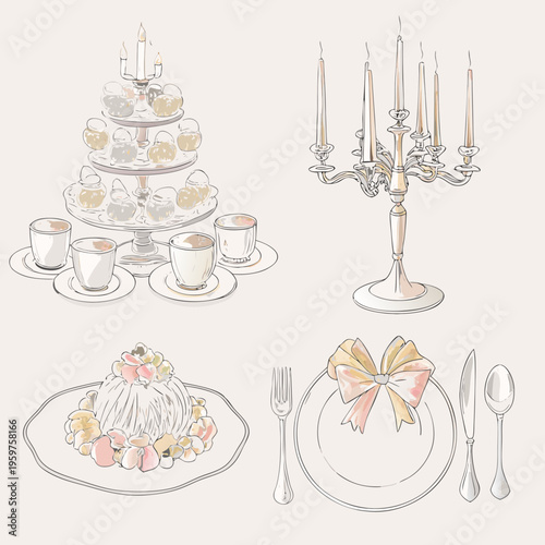 Elegant vintage tea set with desserts and silverware illustration