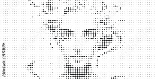 Detailed Black and White Halftone Portrait Woman Face Plus Symbols, High Detail Woman Face Halftone Portrait Plus Symbol Design