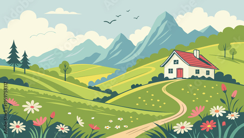 "A professional, high-resolution vector-style digital illustration of an idyllic countryside landscape in spring, featuring a small white cottage with a red roof nestled among lush green rolling hills
