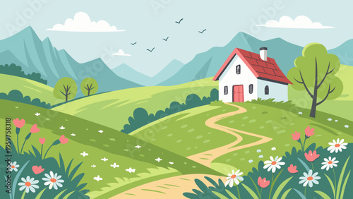 "A professional, high-resolution vector-style digital illustration of an idyllic countryside landscape in spring, featuring a small white cottage with a red roof nestled among lush green rolling hills