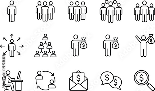 Business teamwork network communication finance icons set people organization hierarchy leadership money growth collaboration workflow strategy management vector illustration minimal