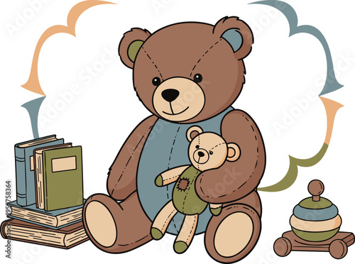 Cute teddy bear holding small toy with books and stacking rings flat vector illustration nursery childhood concept adorable cartoon character design