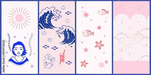 A series of vertical panels displaying stylized illustrations in pastel tones