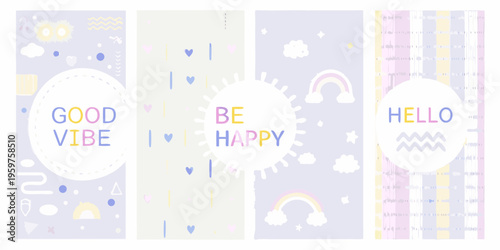 Three pastel banners with positive messages and playful illustrations