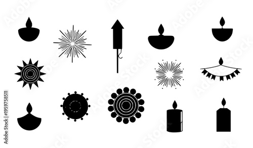 Happy Diwali celebration icon set festival lights diya vector illustration collection