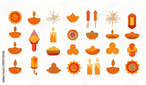 Happy Diwali icon set festival celebration diya lantern rangoli vector illustration
