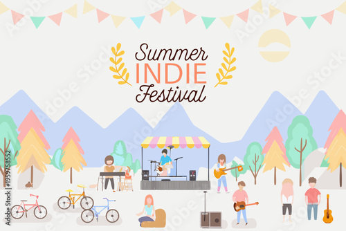 A colorful indie music festival scene with mountains and cheerful attendees