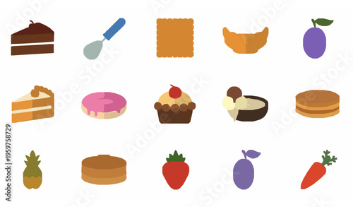 Dessert and Fruit Flat Icons Set Bakery Food Vector Illustration