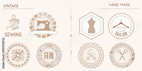 Vintage sewing emblems and badges with tailoring tools illustrations
