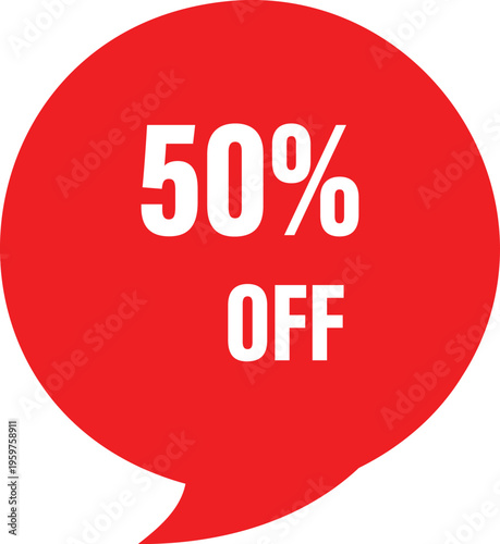 Red speech bubble with fifty percent off text, discount offer
