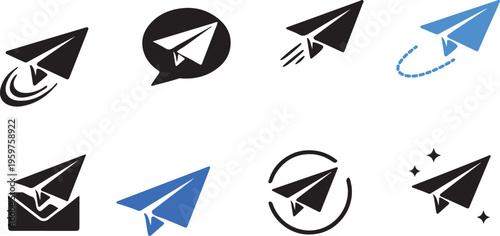 Paper plane icon. Send message button. Blue paper plane logo. E-mail, letter or telegram vector illustration. Mail sign. Flight origami. Travel pictogram. Online chat concept.