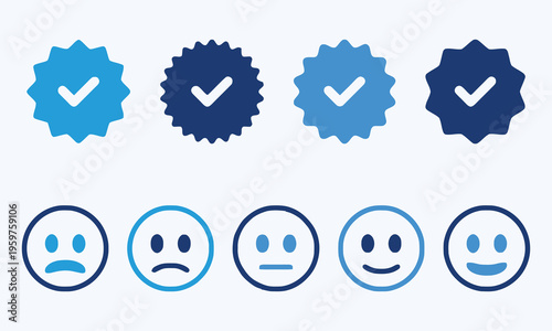 Set of Verified Checkmarks and Emoticon Faces Showing Emotions and Feedback
