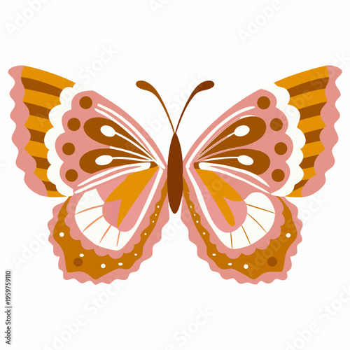 A symmetrical stylized butterfly illustration with pink and orange patterns