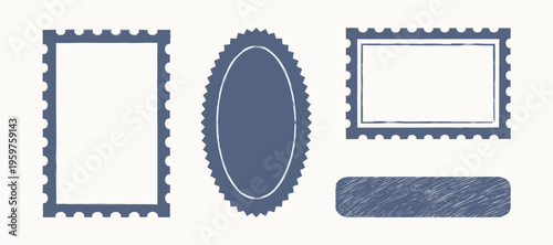 Geometric crayon stamp set. Hand drawn blue frames, borders for school, children's art, postcard, stickers, wedding invitations. Doodle shape box collection. Isolated whimsical vector illustration