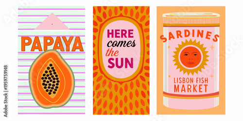 Stylized illustrations of papaya sunshine and sardines in vibrant colors