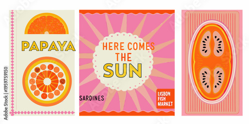 Three vintage style panels depicting papaya sunshine and sardines