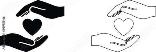 Minimalist hands holding heart icons, charity and care symbols in solid black and thin line styles, healthcare and love vector set