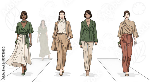 A vector illustration of four diverse women walking down a runway in stylish outfits.